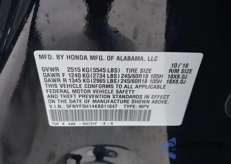 2019 Honda Pilot Lx z USA, uszkodzony, nr VIN 5FNYF5H14KB011647